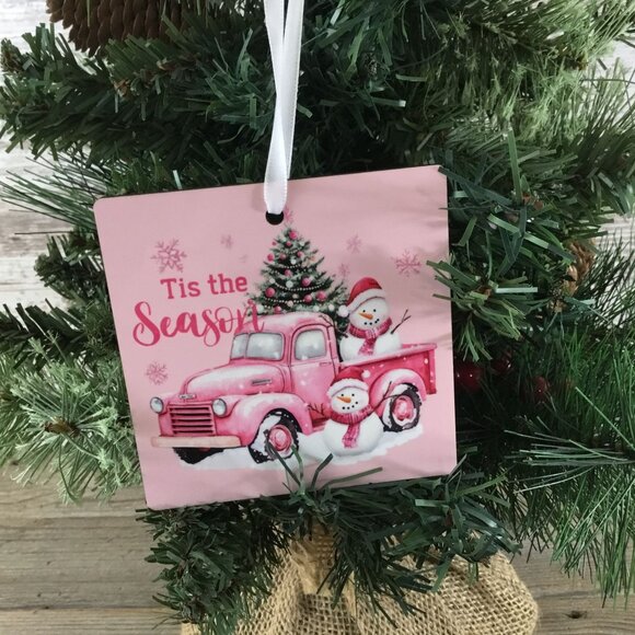 Tis the Season Snowman Pink Truck 3.5" Square Wooden Ornament - Picture 3 of 5